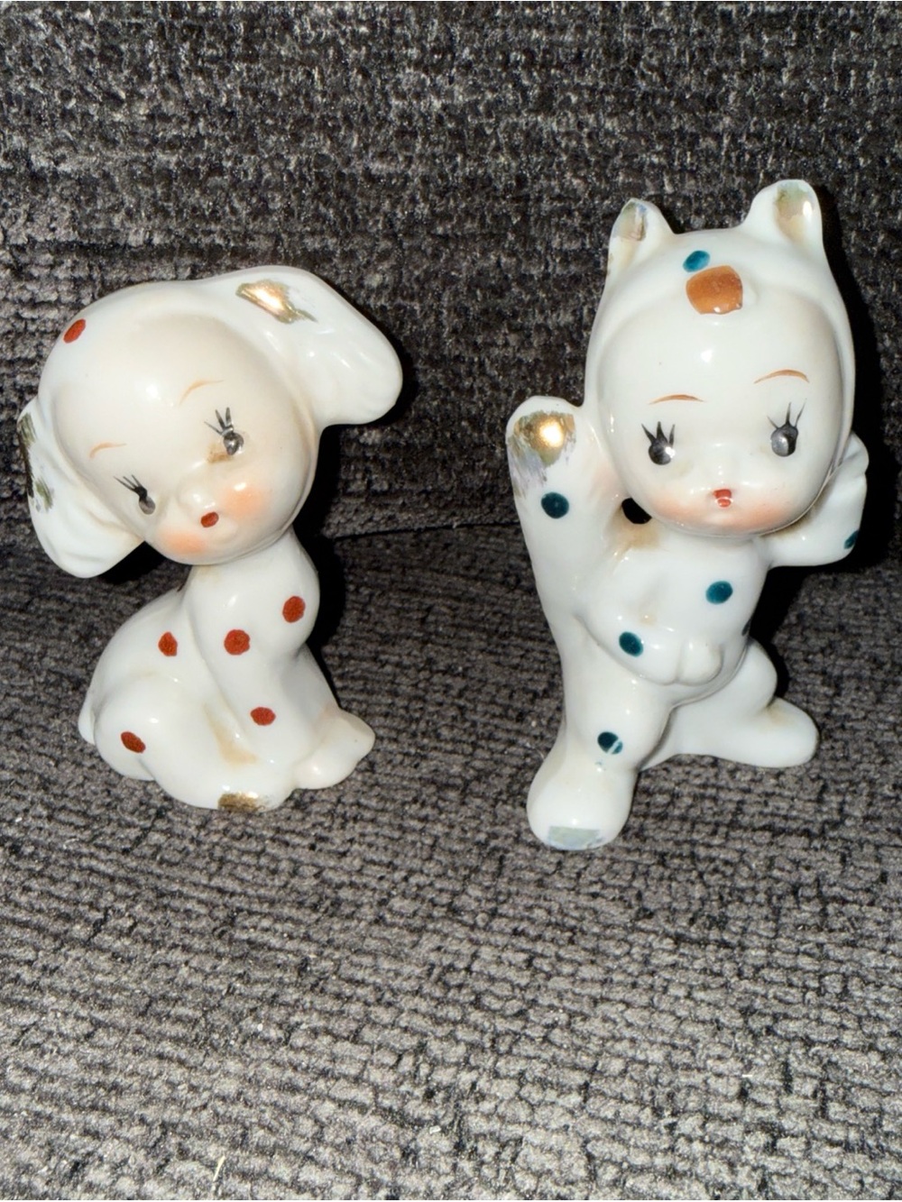 VTG Vintage Kawaii Polka Dog & Squirrel Costume Ceramic Figurines Made in Japan